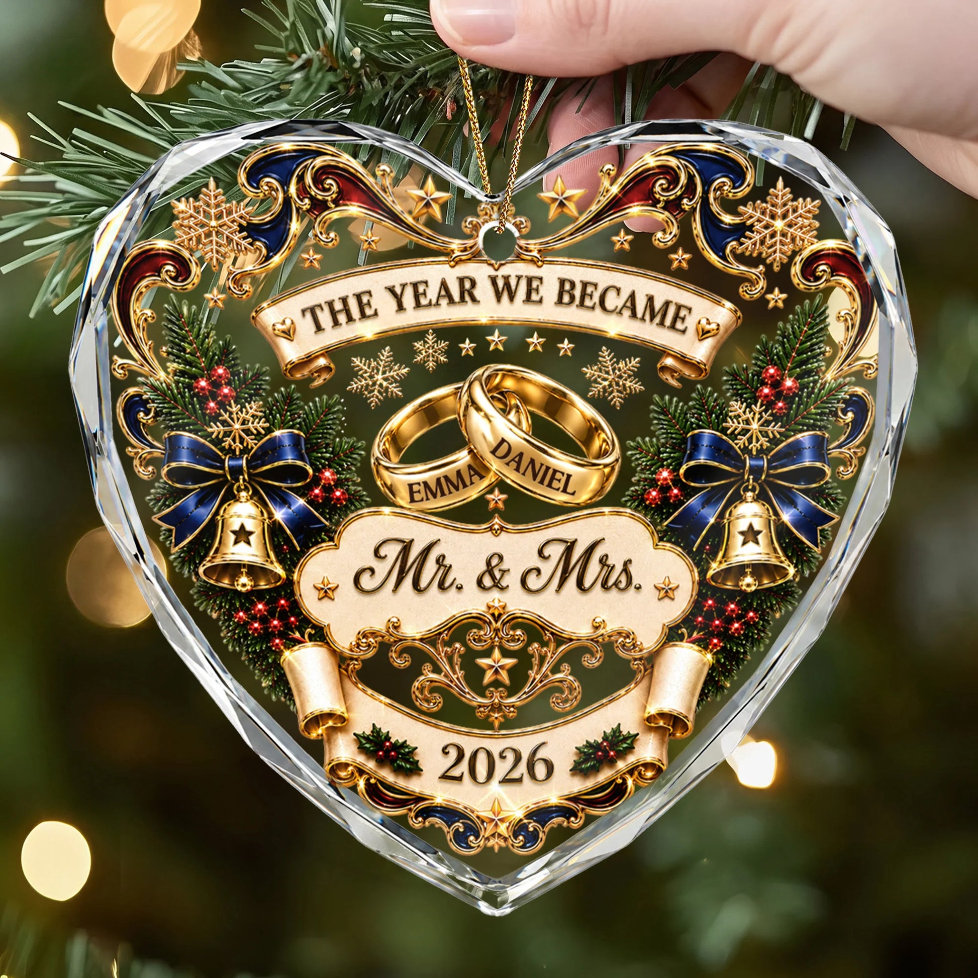 "The Year We Became Mr & Mrs" Personalized Glass Heart Ornament - Custom Wedding Gift for Couples