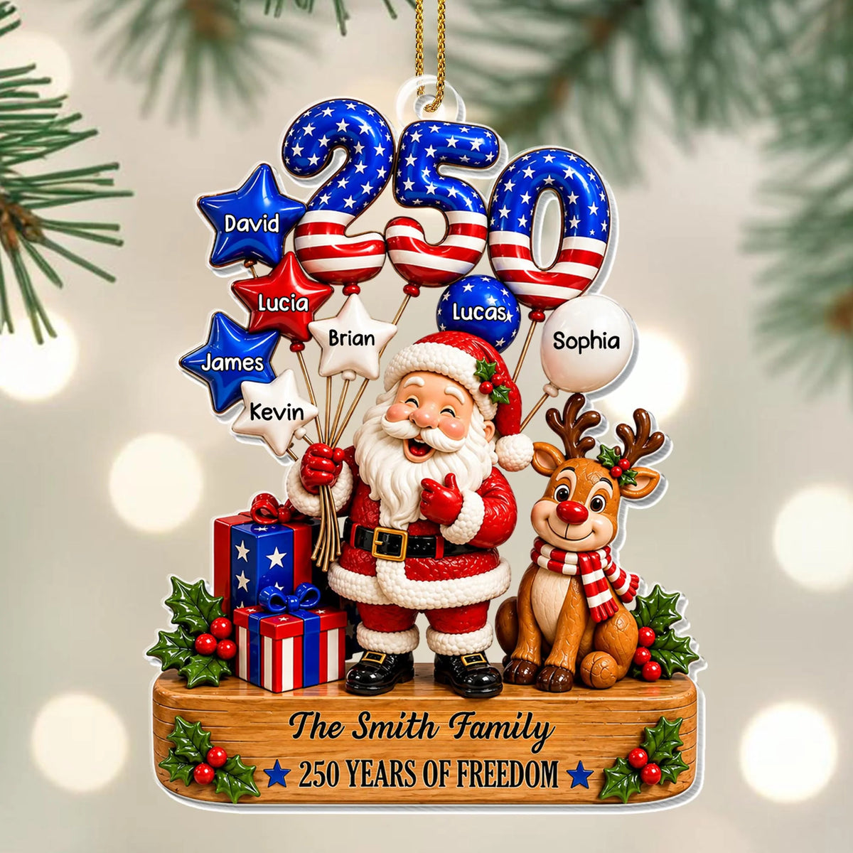 "250 Years Of Freedom" Personalized Family Acrylic Ornament - Santa Reindeer Christmas Keepsake