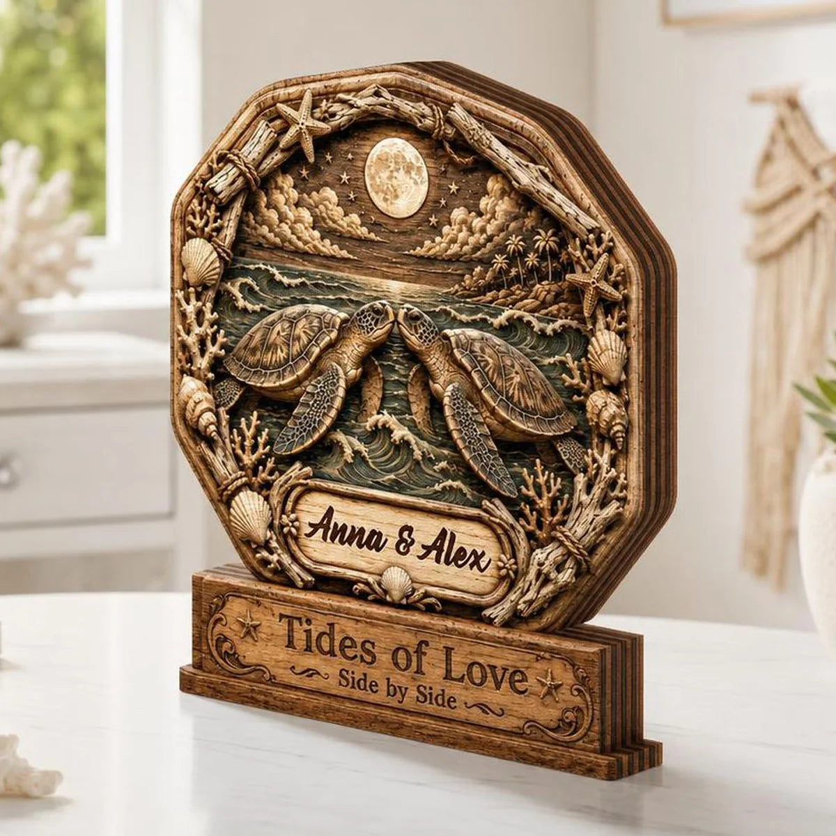 Tides Of Love Side By Side - Personalized Sea Turtle Wooden Block Gift for Couples