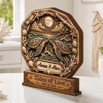 Tides Of Love Side By Side - Personalized Sea Turtle Wooden Block Gift for Couples