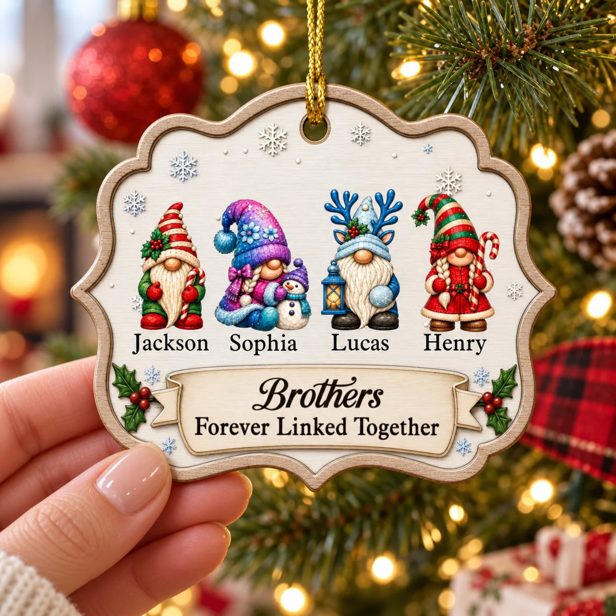 "Forever Linked Together" Personalized Gnome Ornament - Custom Family Keepsake for Sibling