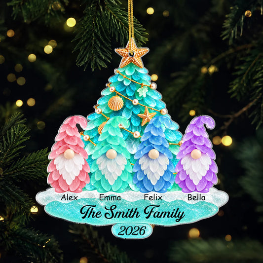 Personalized Coastal Gnome Family Acrylic Ornament - Custom Sea Glass Christmas Tree Gift