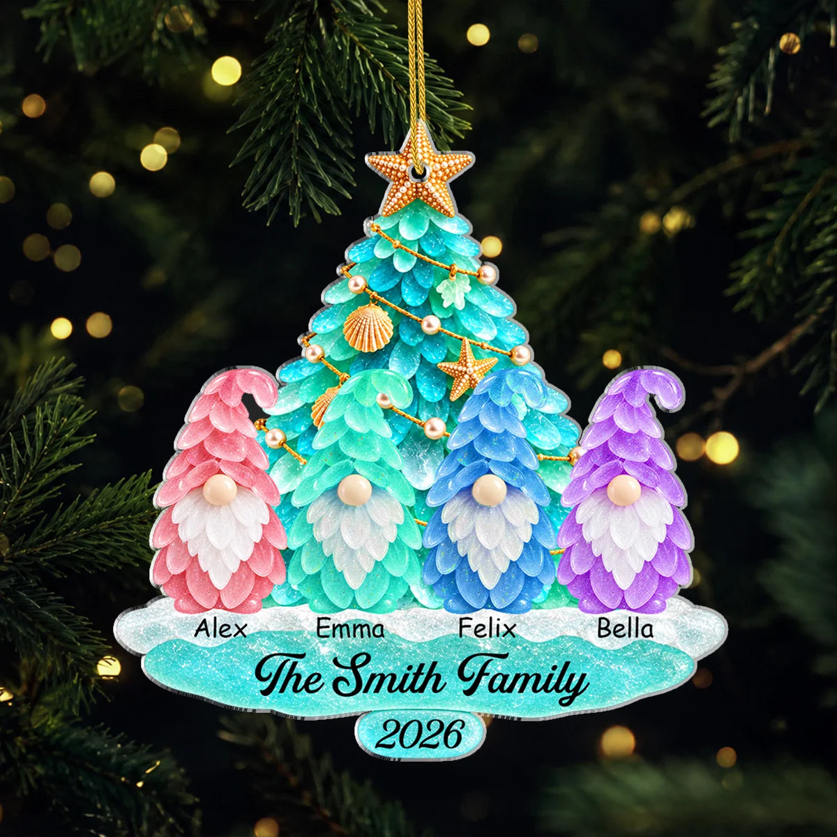 Personalized Coastal Gnome Family Acrylic Ornament - Custom Sea Glass Christmas Tree Gift