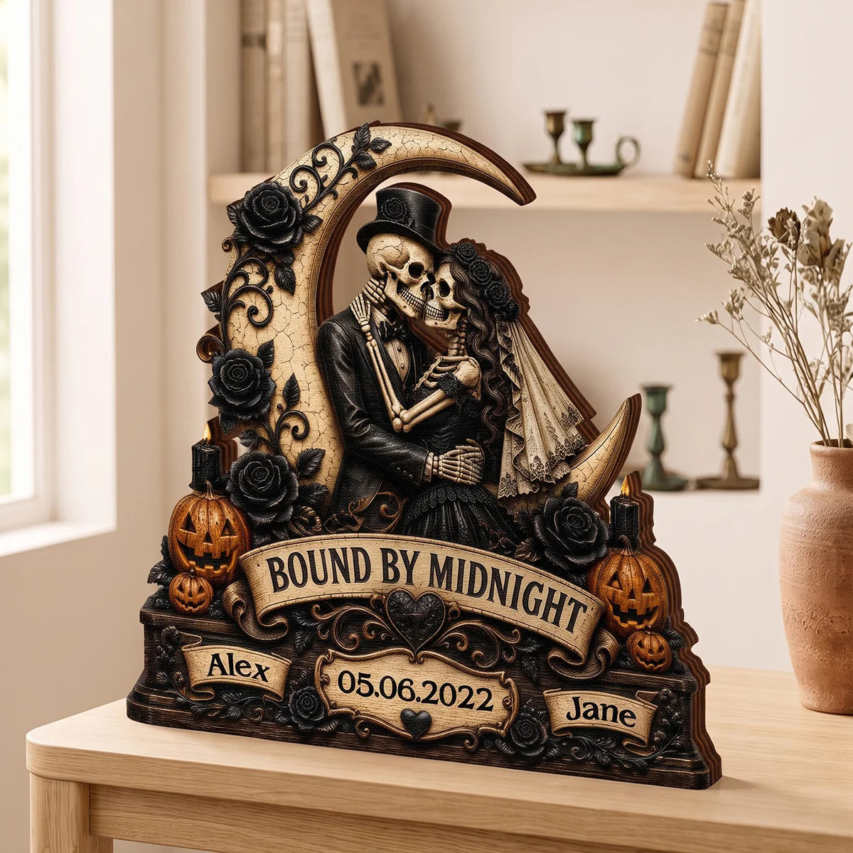 Bound By Midnight Personalized Skeleton Couple Wooden Block - Custom Halloween Anniversary Gift