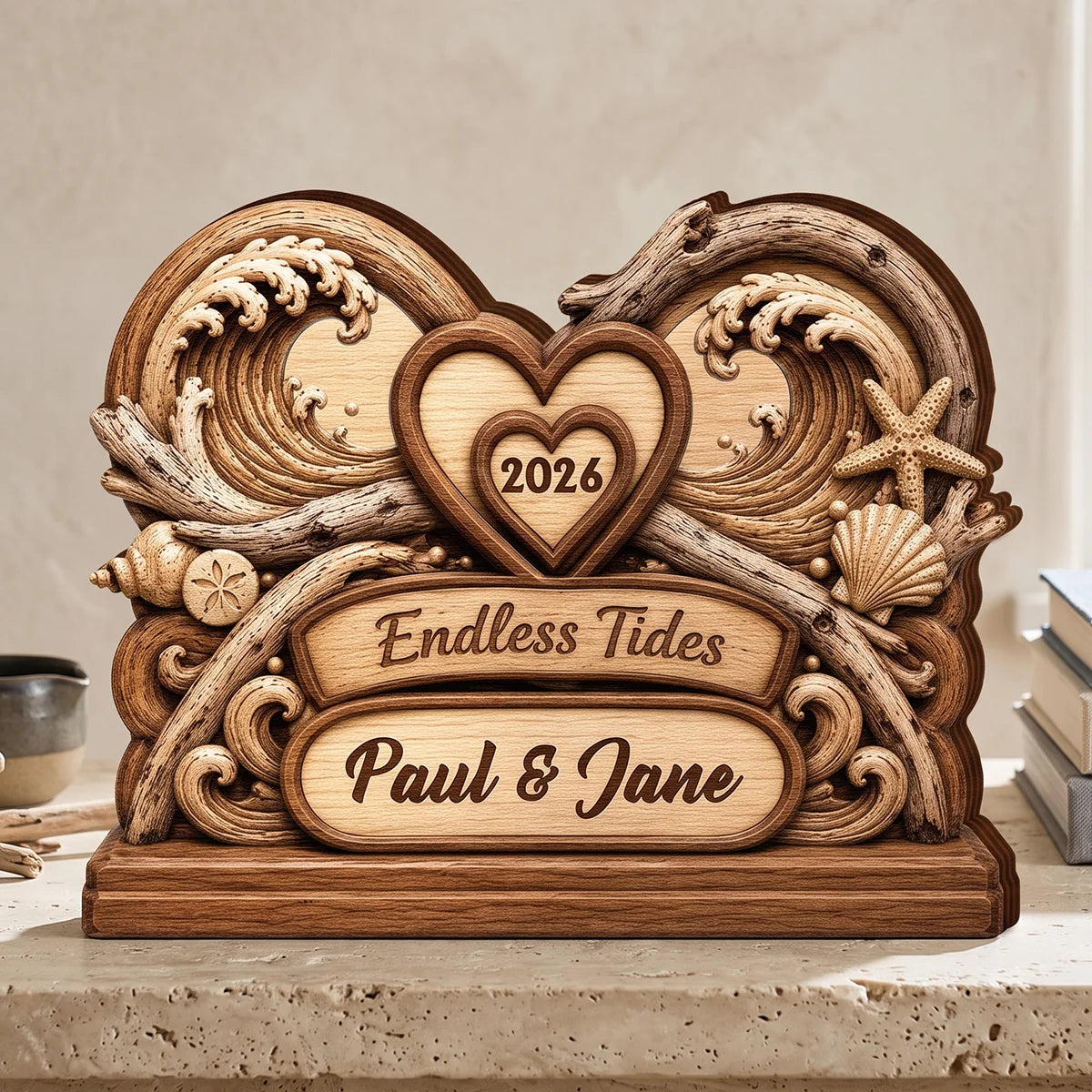 Endless Tides Personalized Wooden Block - Custom Ocean Waves Couple Keepsake Anniversary Gift for Wife Husband