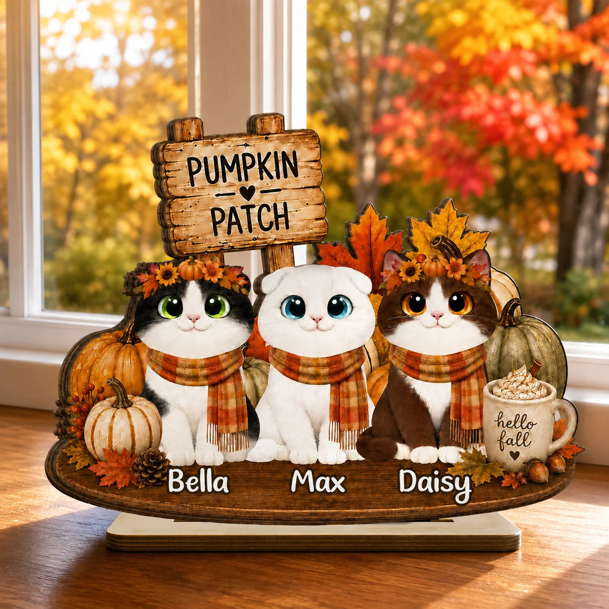 Fall Pumpkin Patch Personalized Cat Wooden Plaque - Custom Autumn Decor Gift for Cat Lovers