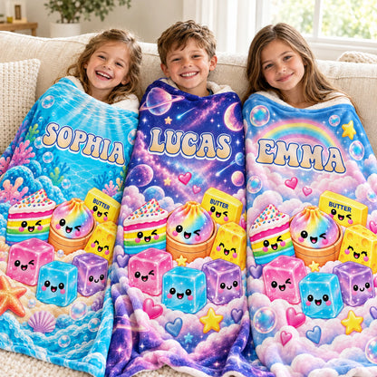 Squishy Character Blanket with Custom Name - Cute Kawaii Fleece Blanket for Kids Birthday Gift
