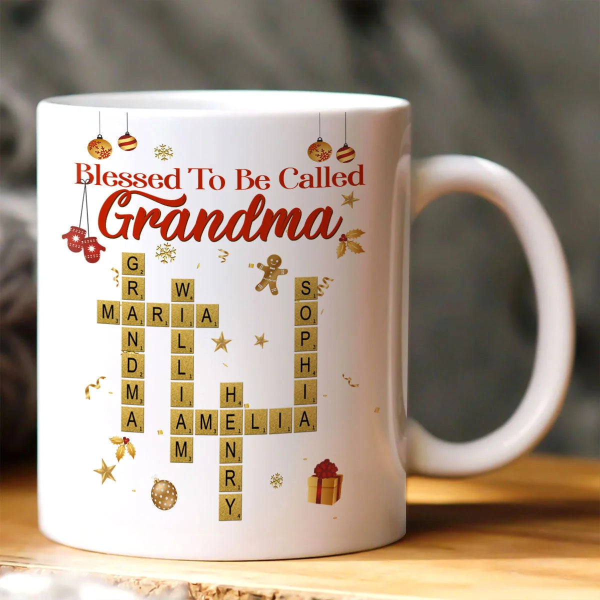 Blessed To Be Called Grandma Personalized Mug - Custom Grandkids Crossword Ceramic Cup
