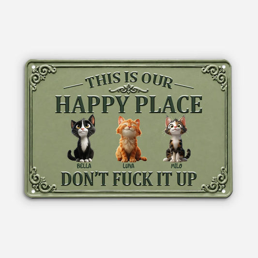 "This Is Our Happy Place" Personalized Cat Metal Sign - Funny Custom Pet Wall Art Sign for Cat Lovers