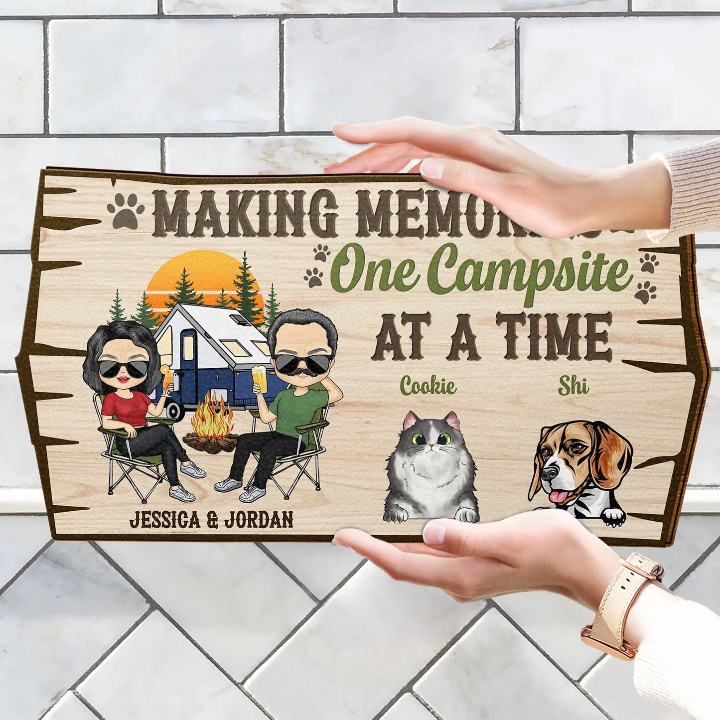 Welcome To Our Campsite Protected By Pets - Personalized Wood Sign for Camping Couples & Pet Lovers