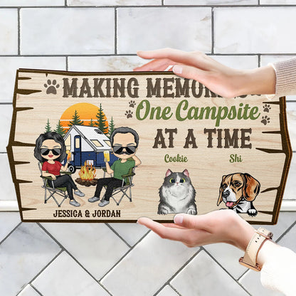 Welcome To Our Campsite Protected By Pets - Personalized Wood Sign for Camping Couples & Pet Lovers
