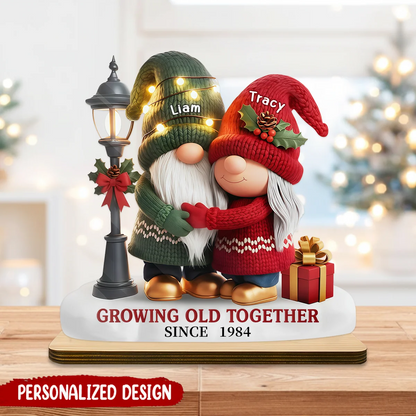 Growing Old Together Since Custom Wooden Plaque - Personalized Couple Gnome Christmas Gift
