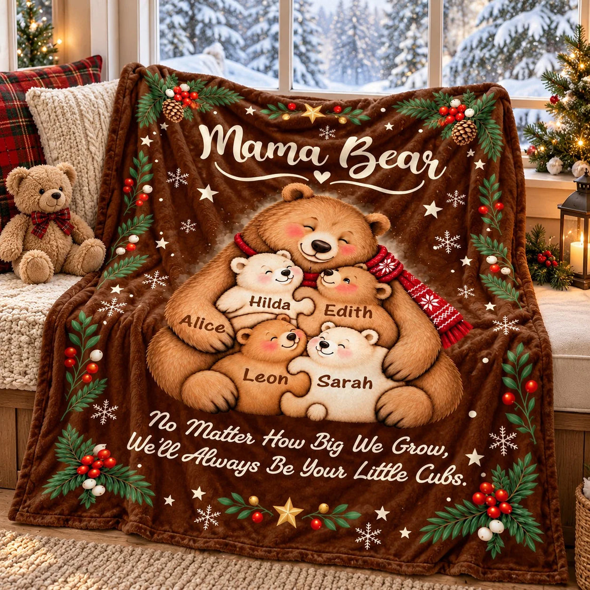 "Always Be Your Little Cubs" Personalized Mama Bear Blanket - Custom Kids' Names Christmas Gift for Mom
