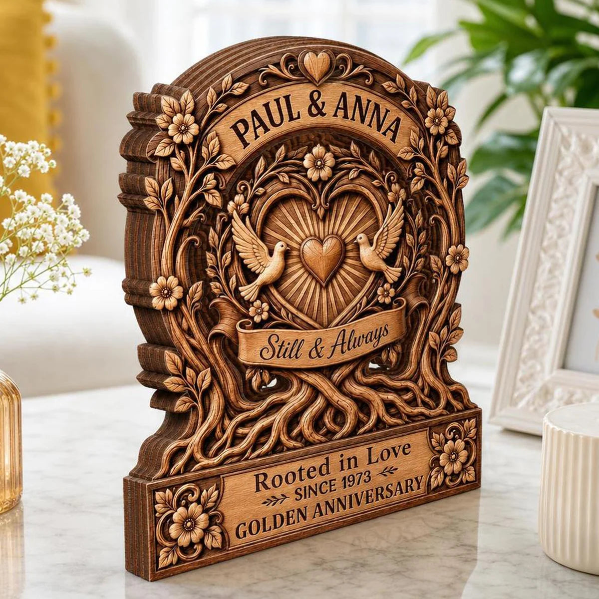 "Still & Always Rooted in Love" Personalized Wooden Block - Custom Anniversary Gift for Couples