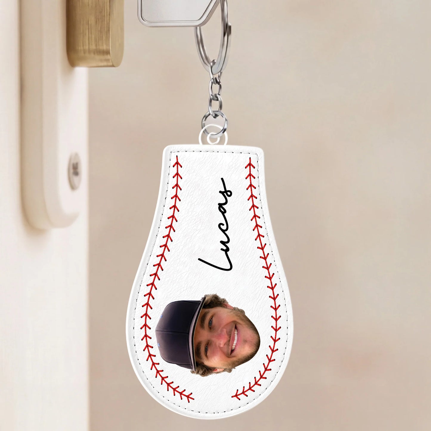 Personalized Sports Baseball Photo Keychain personalization view for Son/Grandson