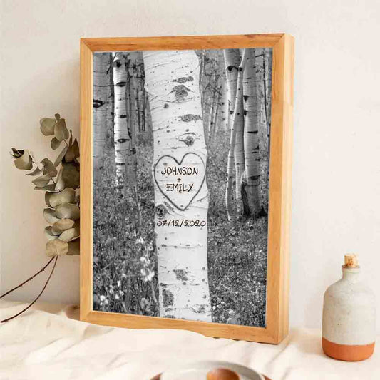Custom Birch Tree Carving Canvas / Poster Art - Personalized Couple Names Wall Decor for Anniversary