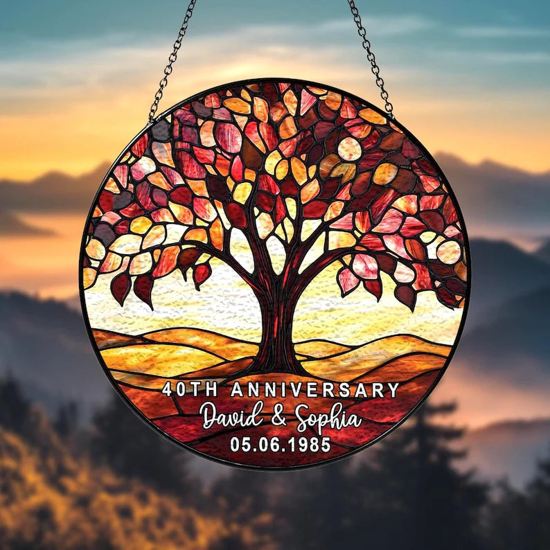 Personalized 40th wedding anniversary stained glass suncatcher with hummingbird design - custom keepsake gift for couples