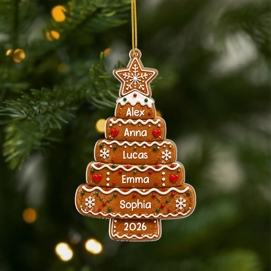 Love Joy Sweetness Personalized Gingerbread Tree Acrylic Ornament - Custom Family Holiday Keepsake