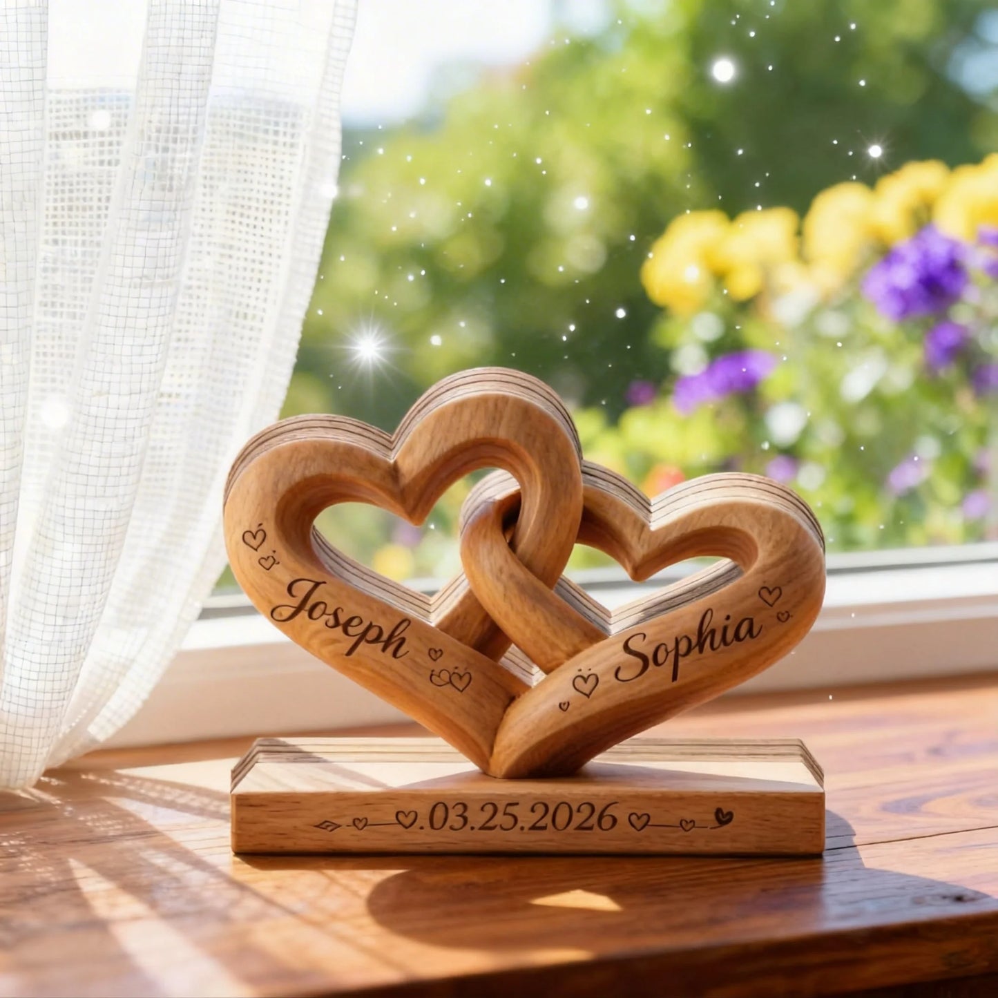 Custom Interlocking Hearts Wooden Plaque for Couples with personalized design details for meaningful gifting