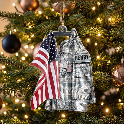 Personalized Military Uniform American Flag Acrylic Ornament - Custom Veteran Name Tag Keepsake