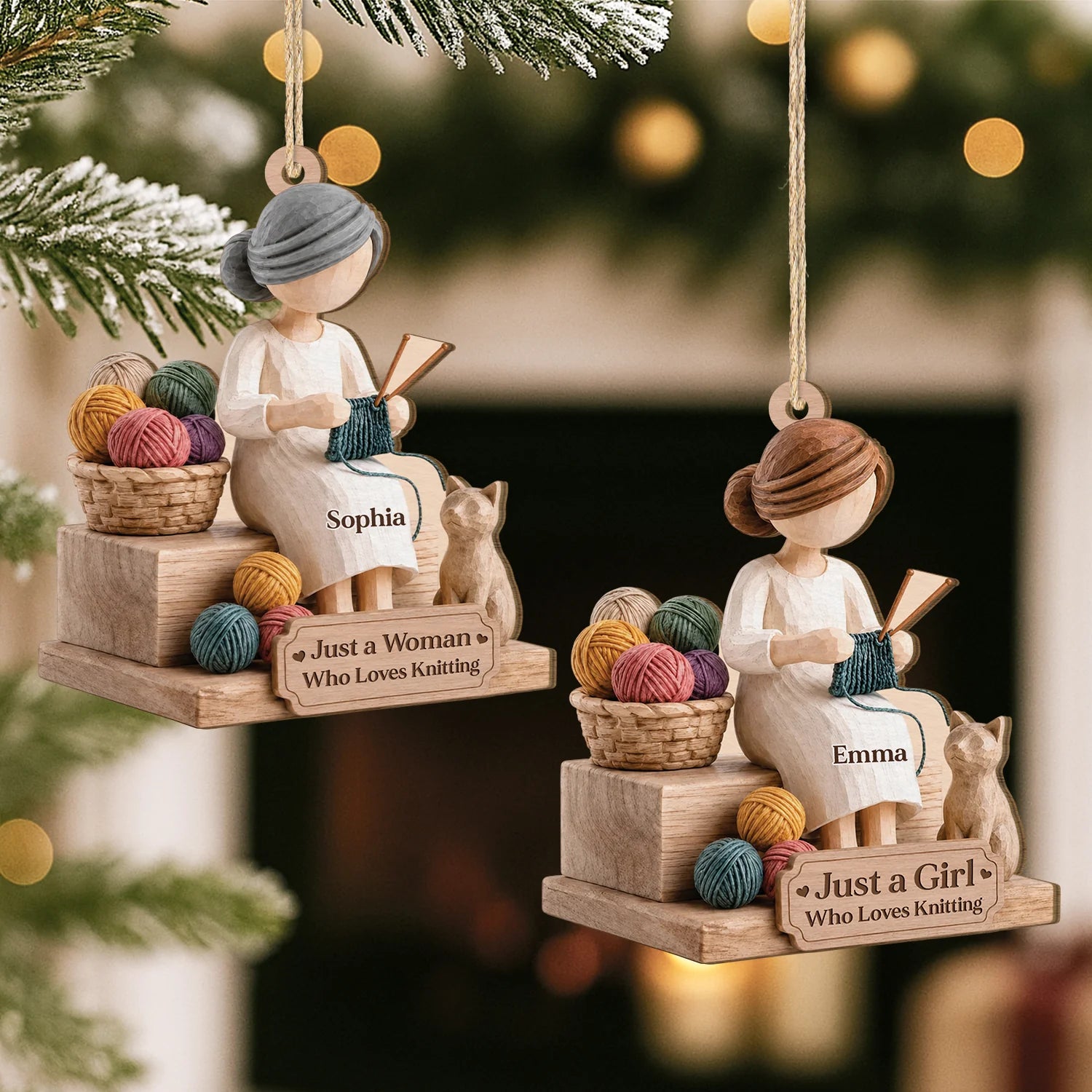 "Just a Girl Who Loves Knitting" Personalized Wooden Ornament - Custom Gift for Knitters and Crafters