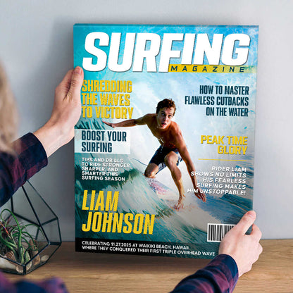 Custom surfing magazine cover canvas print featuring a personalized surfer photo and name image 6