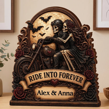 Ride Into Forever Skeleton Biker Couple - Personalized Wooden Block Gift for Husband Wife