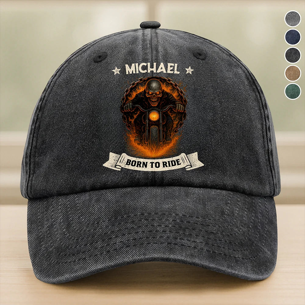 Custom biker baseball cap featuring a personalized name and a flaming skull motorcycle rider graphic