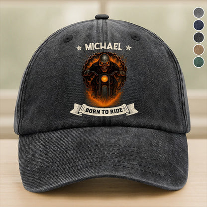 Custom biker baseball cap featuring a personalized name and a flaming skull motorcycle rider graphic