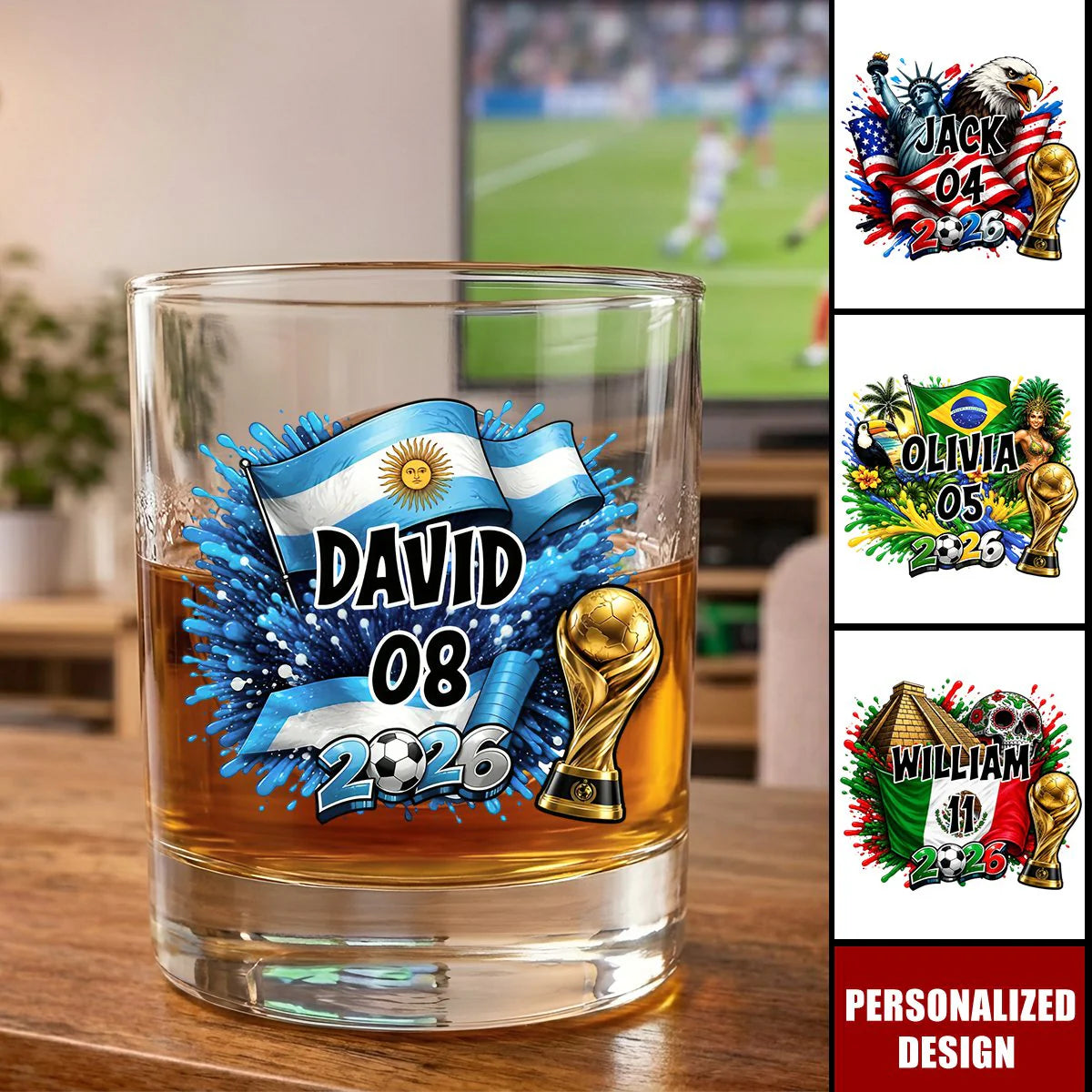 Custom 2026 World Cup Country Whiskey Glass for Dad with personalized design details for meaningful gifting