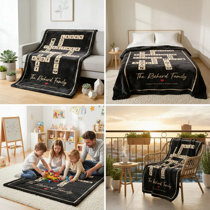 Custom Crossword Family Names Blanket - Personalized Scrabble Tile Throw for Mom