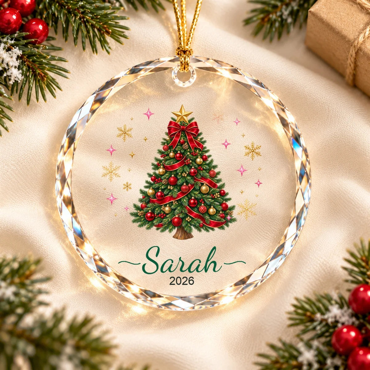 SP04 Christmas tree ornament — green and red design, Sarah 2026 — holiday gift scene