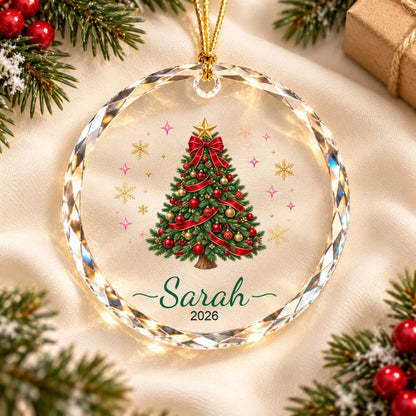 SP04 Christmas tree ornament — green and red design, Sarah 2026 — holiday gift scene