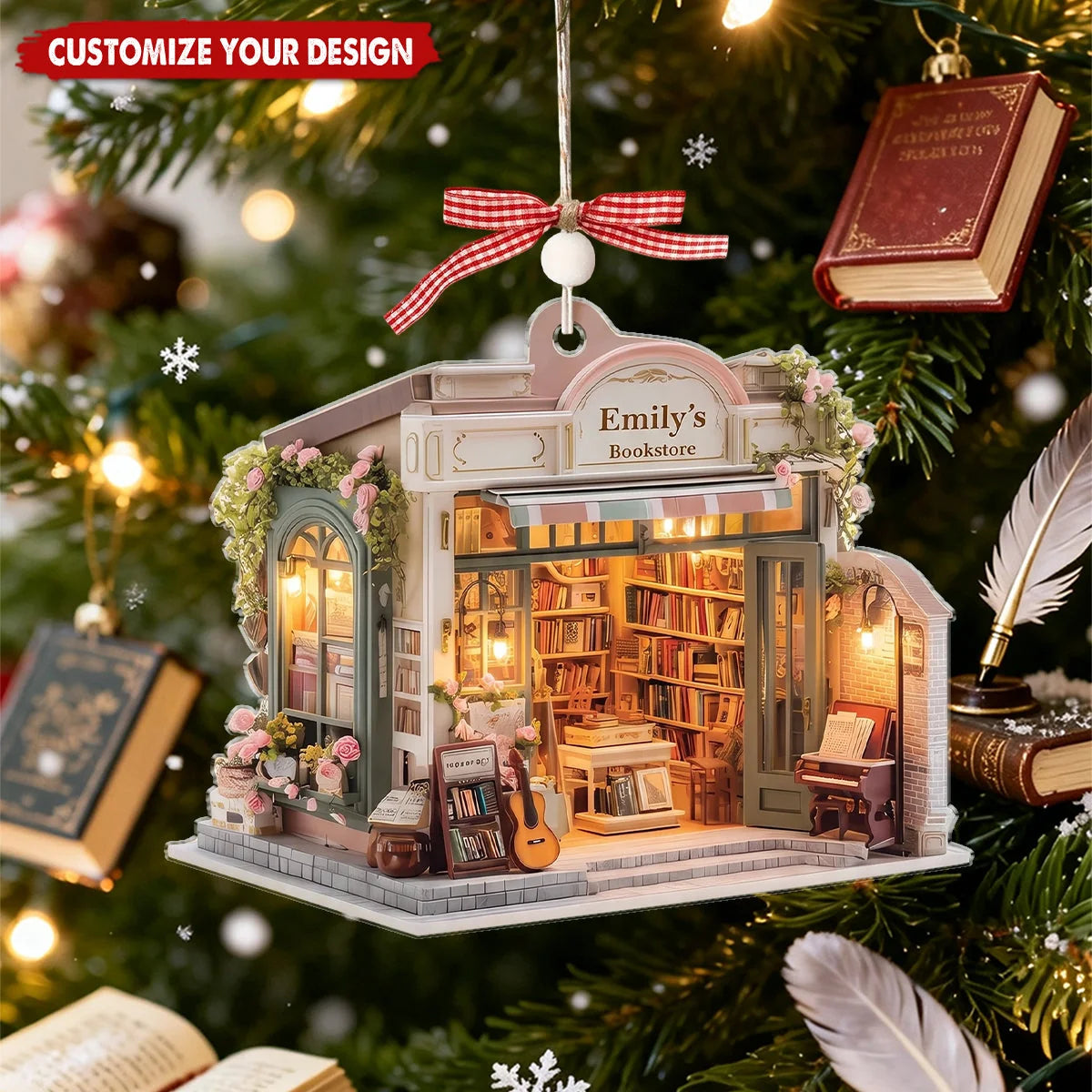 Custom Bookstore Name Acrylic Christmas Ornament - Personalized Book Lover Keepsake Gift