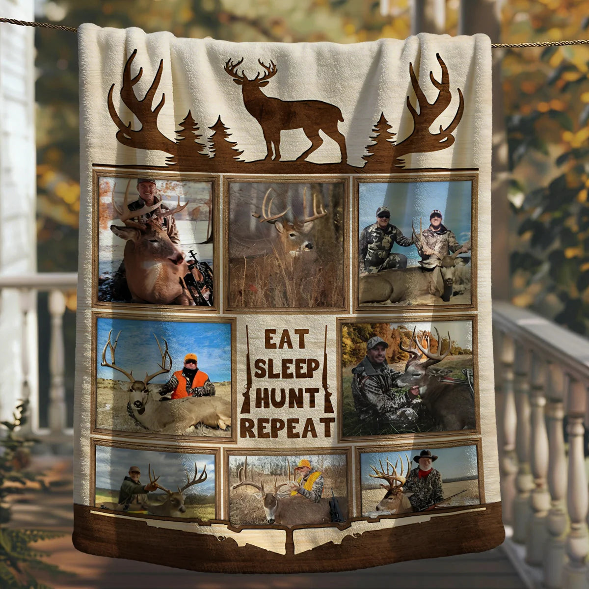 "Eat Sleep Hunt Repeat" Custom Hunting Collage Blanket - Personalized Photo Keepsake Gift for Deer Hunters