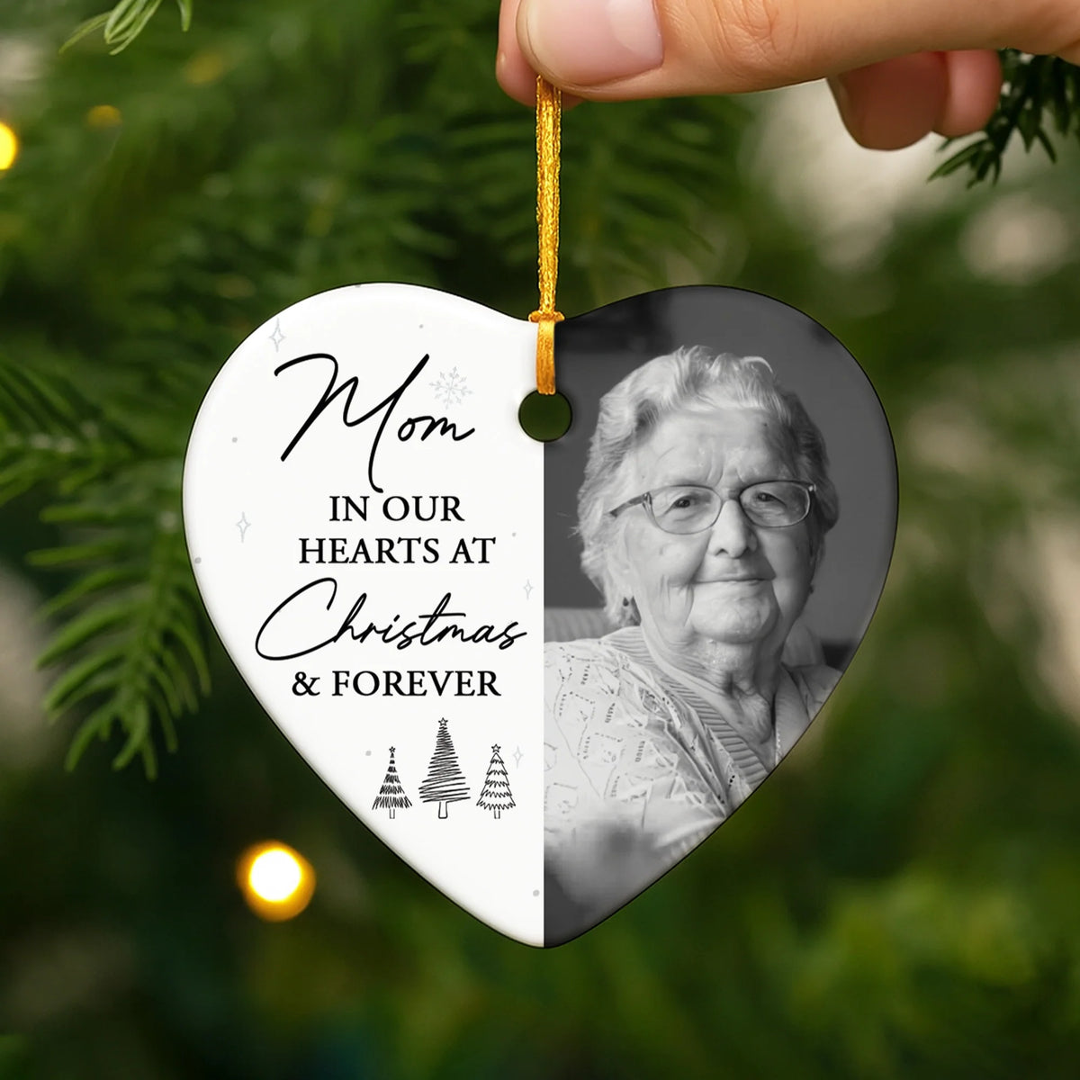 "In Our Hearts at Christmas and Forever" Personalized Photo Ceramic Ornament – Custom Memorial Keepsake