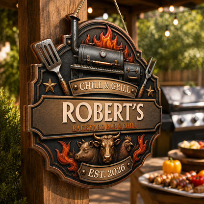 Chill & Grill Personalized BBQ Smokehouse Wood Sign - Custom Backyard Bar Door Hanger Gift for Dad
