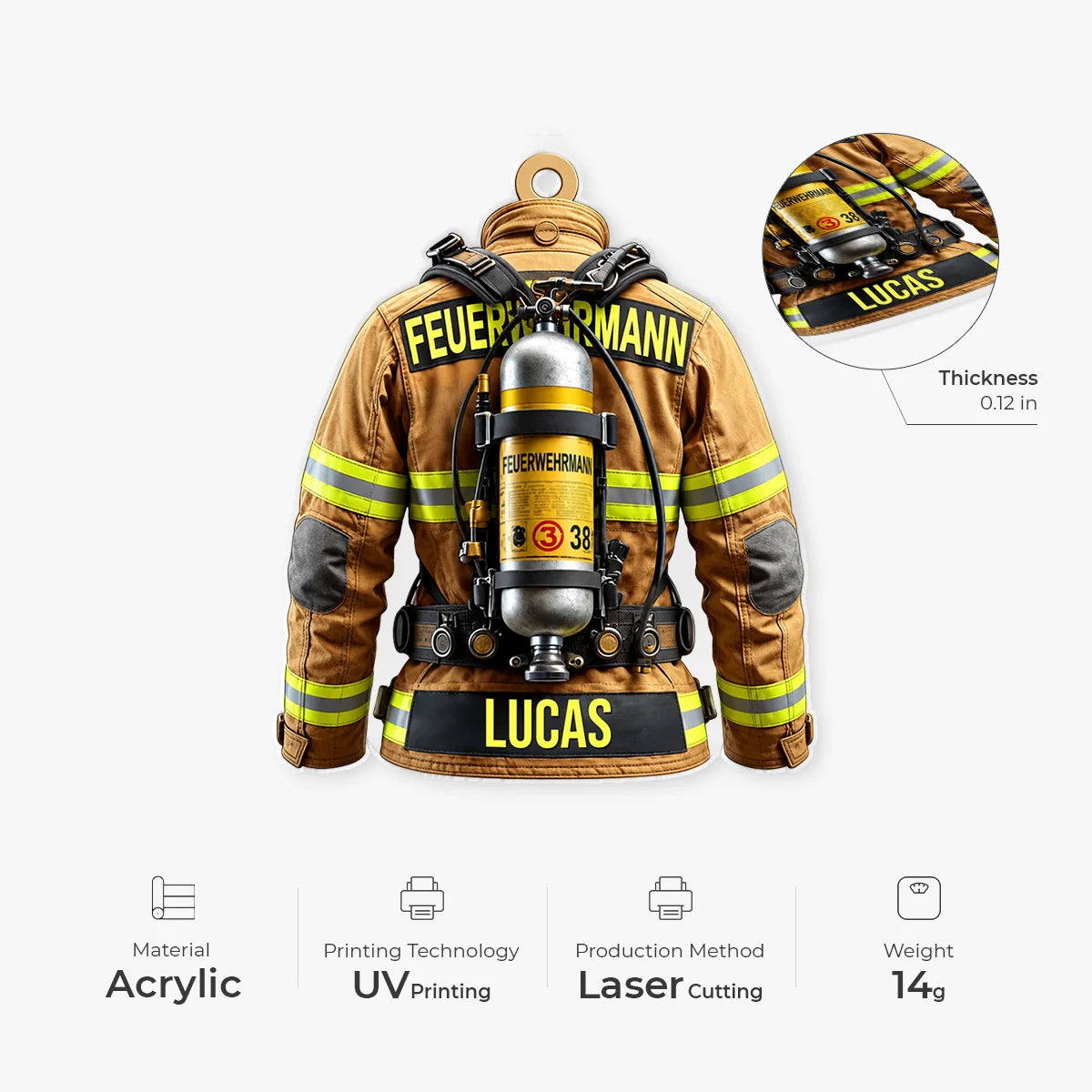 Personalized Firefighter Jacket Acrylic Ornament - Custom Turnout Gear Keepsake for Brave Heroes & Firefighters