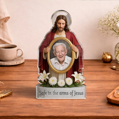 Personalized jesus memorial plaque holding a custom photo frame with comforting bereavement quotes image 7