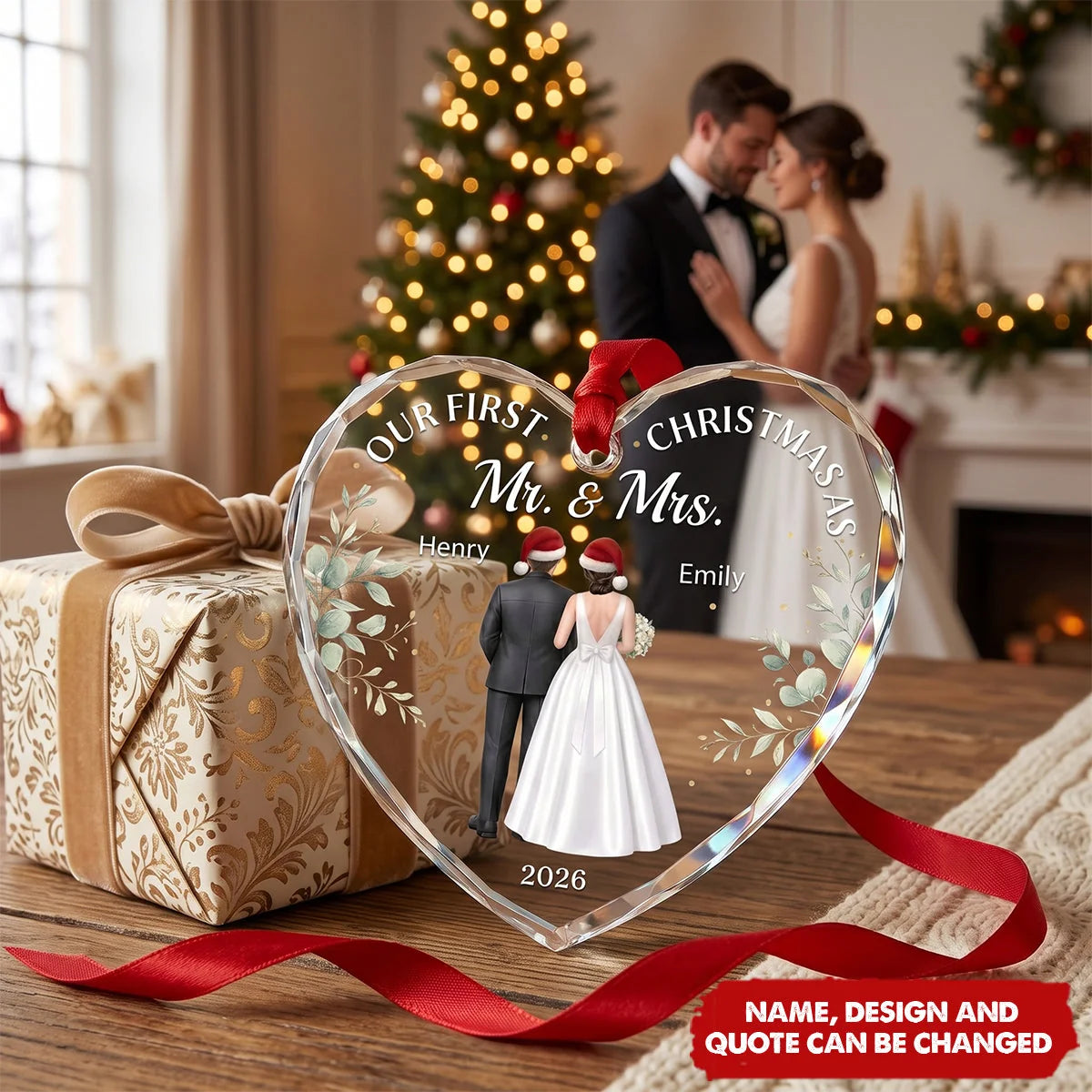 "Our First Christmas As Mr & Mrs" Personalized Heart Glass Ornament - Custom Newlyweds Gift