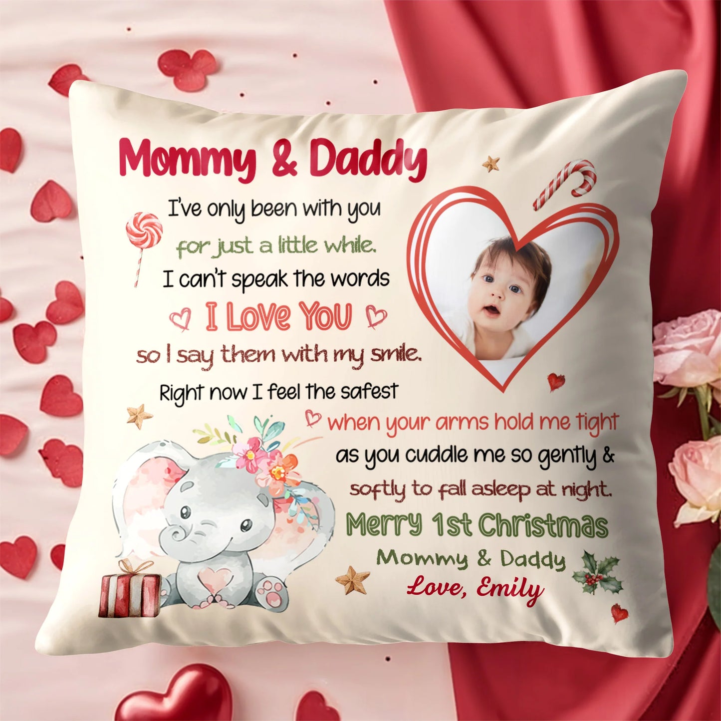 Merry 1st Christmas With Elephant, Flowers And Heart