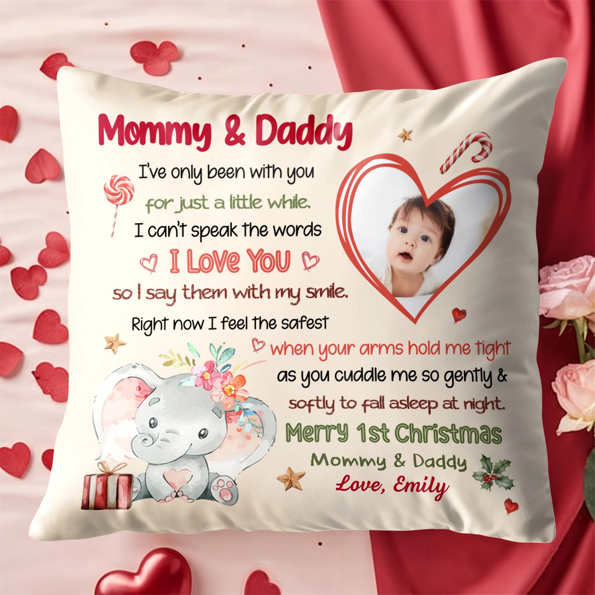 Merry 1st Christmas With Elephant, Flowers And Heart