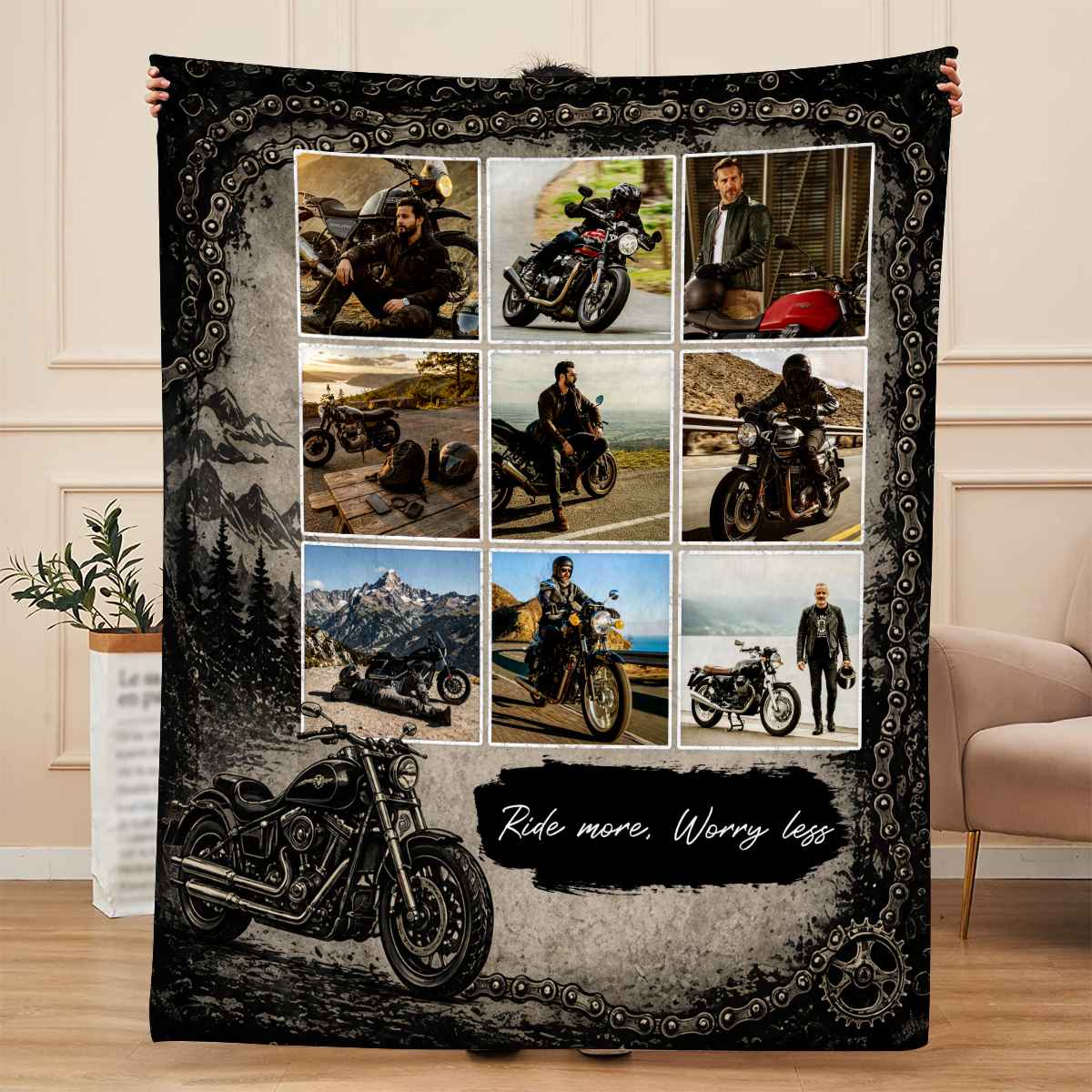 "Ride More Worry Less" Personalized Motorcycle Photo Collage Blanket - Custom Biker Gift for Riders