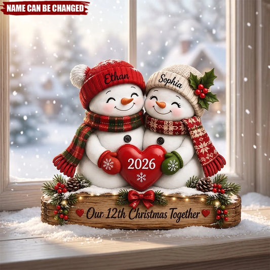 Our Christmas Together Custom Snowman Couple Wooden Block - Personalized Anniversary Christmas Gift