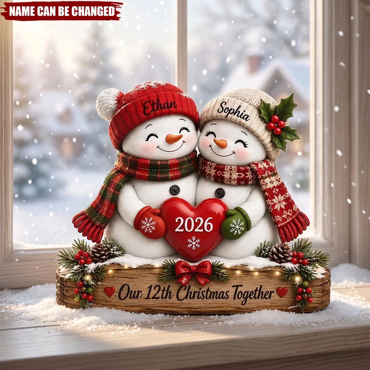 Our Christmas Together Custom Snowman Couple Wooden Block - Personalized Anniversary Christmas Gift