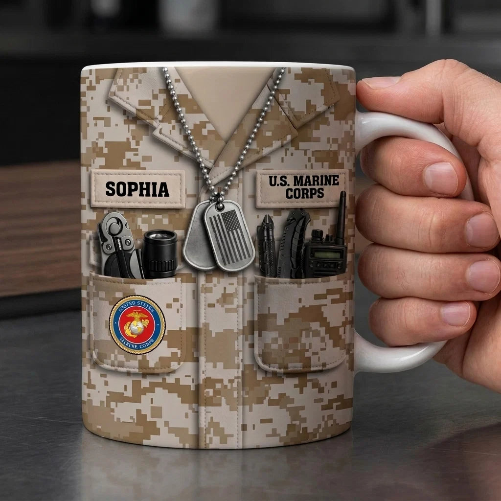 Personalized Military Camo Uniform Mug - Custom Name Coffee Cup Gift for Veterans