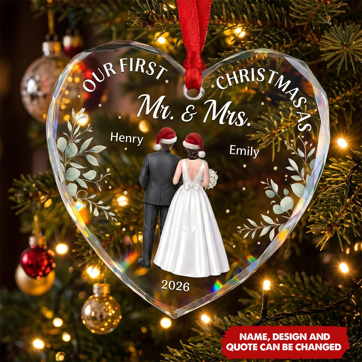 "Our First Christmas As Mr & Mrs" Personalized Heart Glass Ornament - Custom Newlyweds Gift