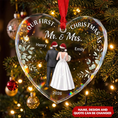 "Our First Christmas As Mr & Mrs" Personalized Heart Glass Ornament - Custom Newlyweds Gift