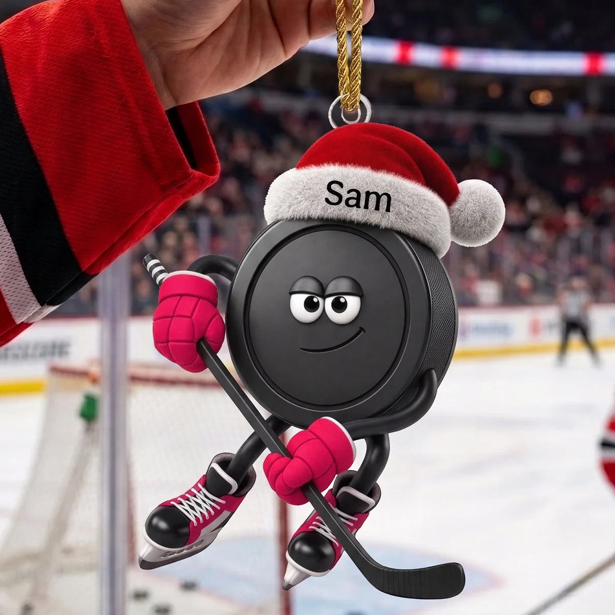 Custom Sly Santa Hockey Puck Acrylic Ornament - Personalized Sports Keepsake Gift for Hockey Players