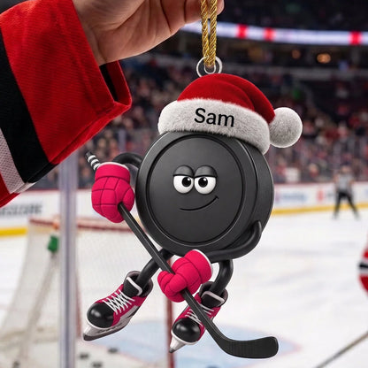 Custom Sly Santa Hockey Puck Acrylic Ornament - Personalized Sports Keepsake Gift for Hockey Players